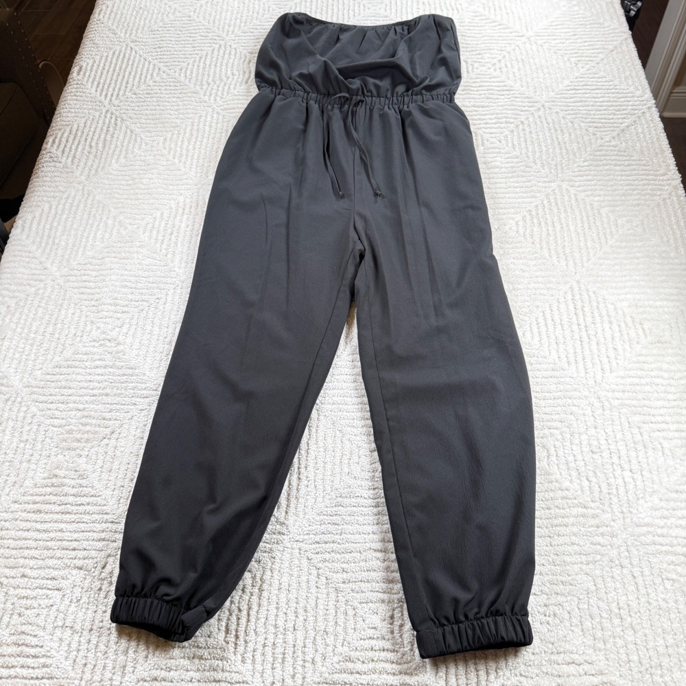 ShoeDazzle Strapless Jumpsuit Women L Black Night Out Chic Quiet Luxury Mob Wife